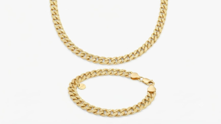 Set aur 14k - Set Bijuterii Dama/Barbati din Aur Galben 14K, Lant 45 cm si Bratara 19 cm Model Grumet Texturat, 10.75 gr