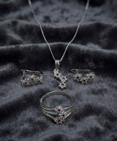 Set argint 925 - Set Bijuterii din Argint 925 cu Model Floral, Pietre Rosii si Zirconiu Alb
