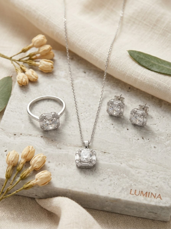 Set argint 925 - Set Bijuterii din Argint 925 „Lumina” – Colier, Inel și Cercei cu Zirconiu Halo Regal