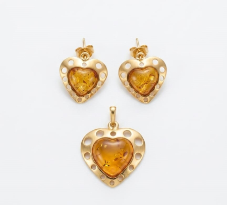 Set argint 925 - Set Bijuterii din Argint 925 Placat cu Aur „Ambra Romantica”: Pandantiv și Cercei cu Inimi din Chihlimbar Natural, 7.90g