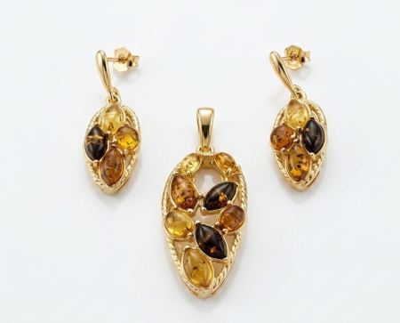 Set argint 925 - Set Bijuterii din Argint 925 Placat cu Aur „Autumn Mosaic”: Pandantiv și Cercei cu Chihlimbar Multicolor, 10.64g