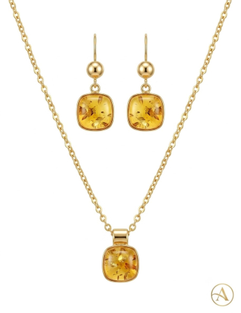 Set argint 925 - Set Bijuterii din Argint 925 Placat cu Aur: Colier și Cercei cu Chihlimbar Natural Miere,