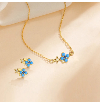 Set argint 925 - Set Bijuterii din Argint 925 Placat cu Aur – Colier și Cercei Floare Norocoasă cu Turcoaz și Zirconii