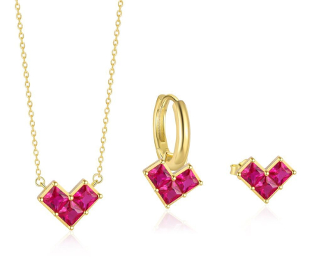 Set argint 925 - Set Bijuterii din Argint 925 Placat cu Aur – Colier și Cercei Inimă Geometrică din Cristale Rubin