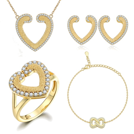 Set argint 925 - Set Bijuterii din Argint 925 Placat cu Aur „Golden Heart & Infinity” – Colier, Inel, Cercei și Brățară