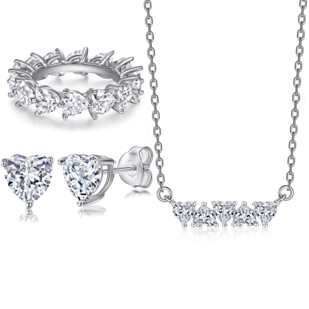 Set argint 925 - Set Bijuterii din Argint 925 „Pure Love” – Colier, Inel Eternity și Cercei cu Zirconii în Formă de Inimă