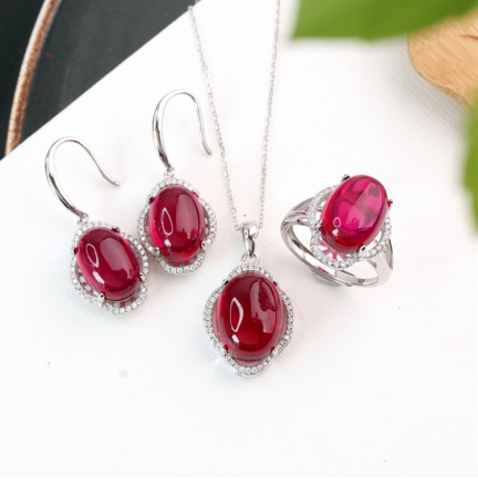 Pandative argint 925 - Set Bijuterii din Argint 925 – Rubin Red Cabochon (Cercei, Inel, Colier)