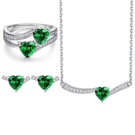 Set argint 925 - Set Bijuterii din Argint 925 „Smaragd Heart” – Colier, Inel și Cercei cu Cristale Verzi în Formă de Inimă