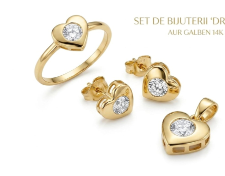 Set aur 14k - Set Bijuterii din Aur Galben 14K cu Inimi și Zirconiu – Dragoste Eternă