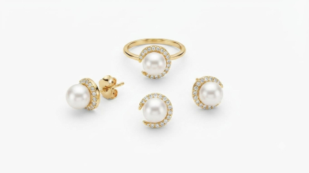 Set aur 14k - Set Bijuterii din Aur Galben 14K cu Perle Naturale și Semilună de Cristale – 7.58g, 4 Piese