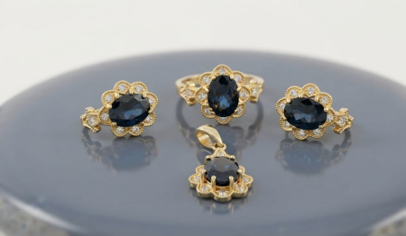 bijuterii aur - Set Bijuterii din Aur Galben 14K cu Zirconia Albastru Regal și Cristale Albe, 10,66GR