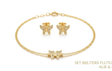 Set aur 14k - Set Bijuterii din Aur Galben 14K „Fluturi Strălucitori” – Brățară Dublă și Cercei (2.7g, 15+3cm)