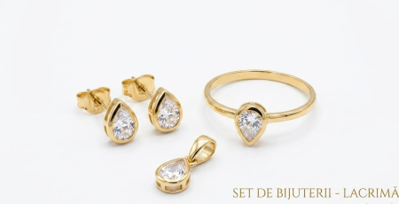 Set aur 14k - Set Bijuterii din Aur Galben 14K „Lacrimă” – Inel, Cercei și Pandantiv (3.27g)