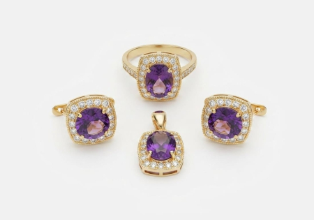Set aur 14k - Set Bijuterii Regale din Aur Galben 14K cu Ametist Natural și Halo de Cristale – 10.2g, 4 Piese