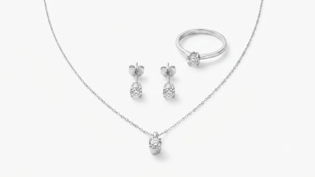 Set aur 14k - Set Bijuterii Solitaire din Argint 925 / Aur Alb – Inel, Cercei și Colier, 3.73g