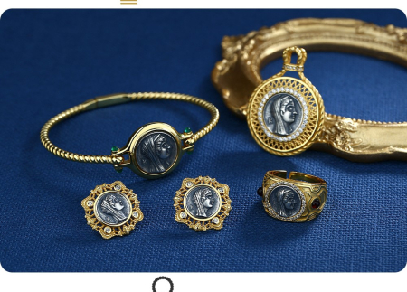 Set argint 925 - Set Bijuterii Vintage din Argint 925 Placat cu Aur – Replică Monedă Antică Arsinoe II (Pandantiv, Brățară, Inel, Cercei)