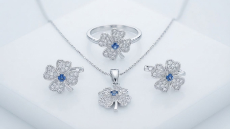 Bijuterii argint 925 - Set Complet Bijuterii din Argint 925 „Lucky Clover” – Inel, Cercei și Pandantiv Trifoi cu Pavé și Safir Blue Zirconia, 7,5gr (fără lanț)