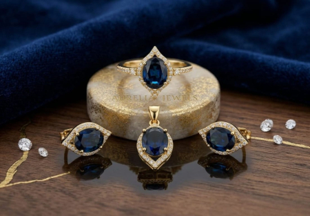 Set aur 14k - Set Complet Bijuterii din Aur 14K – Colecția „Safir Regal Aurelia”
