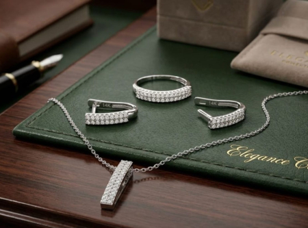 Set aur 14k - Set Complet Bijuterii din Aur Alb 14K – Colecția „Crystal Rows”