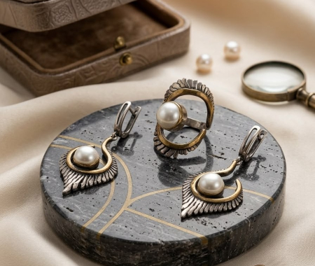 Set argint 925 - Set Complet din Argint 925 „Boho Peacock” – Inel Statement și Cercei Drop cu Finisaj Patinat Bicolor și Perle, 21.8g