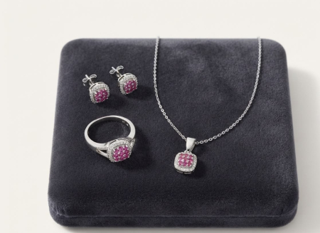 Set argint 925 - Set Complet din Argint 925 „Fuchsia Cluster” – Colier, Cercei cu Șurub și Inel cu Zirconii Roz și Halo Alb, 6.4g