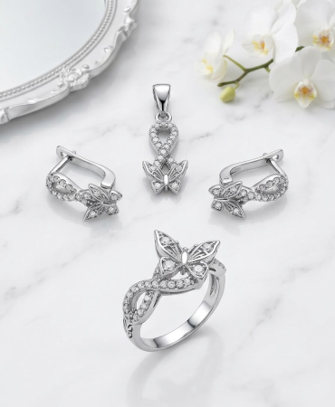 Set argint 925 - Set Complet din Argint 925 „Infinite Butterfly” – Inel, Cercei și Pandantiv cu Fluturi și Zirconii Pavate, 7.3g