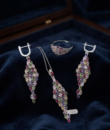 Set argint 925 - Set de Lux din Argint 925 cu Colier, Inel și Cercei Lungi, Mozaic de Zirconii Multicolore, 18.40g