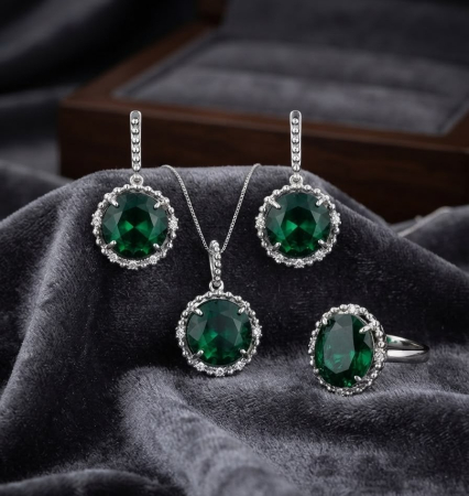 Set argint 925 - Set de Lux din Argint 925 cu Colier, Inel și Cercei, Medalioane Rotunde cu Zirconii Verde Smarald, 18.90g