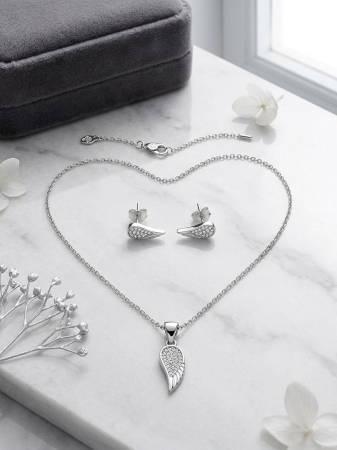 Set argint 925 - Set din Argint 925 „Angel Wings” – Colier și Cercei cu Șurub Pavate cu Zirconii, 4g