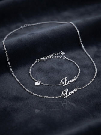 Set argint 925 - Set din Argint 925 cu Colier și Brățară „Love” și Inimioară