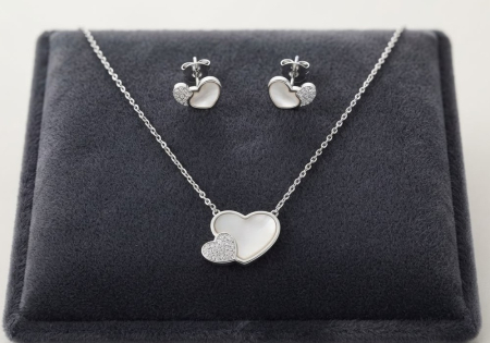 Set argint 925 - Set din Argint 925 „Double Heart” – Colier și Cercei cu Șurub, Inserție Sidef și Zirconii Pavate, 4.35g