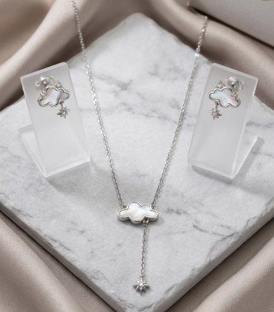 Set argint 925 - Set din Argint 925 „Dreamy Cloud” – Colier Lariat și Cercei cu Inserție Sidef și Steluțe, 4g