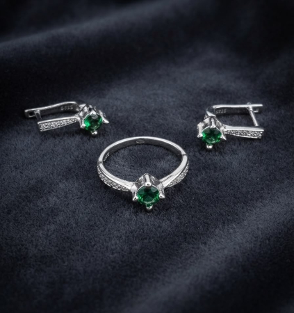 Set argint 925 - Set din Argint 925 „Emerald Green Solitaire” - Inel și Cercei cu Zirconiu Verde și Alb