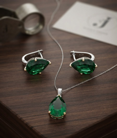 Set argint 925 - Set din Argint 925 „Emerald Teardrop” - Colier și Cercei cu Zirconiu Verde Smarald