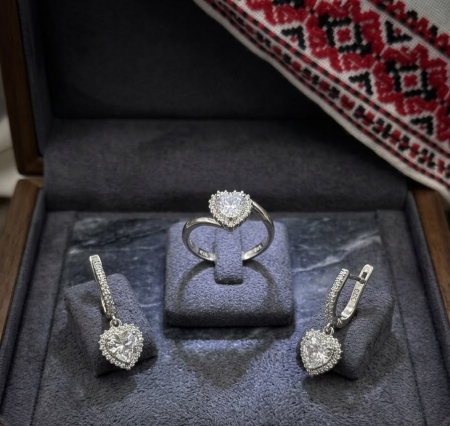Set argint 925 - Set din Argint 925 „Eternal Love” – Inel și Cercei Pendulanți în Formă de Inimă cu Zirconii, 5.9g