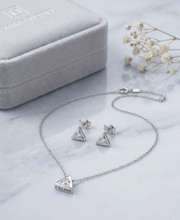 Set argint 925 - Set din Argint 925 „Geometric Triangle” – Colier și Cercei cu Design Triunghiular 3D și Zirconii, 2.3g