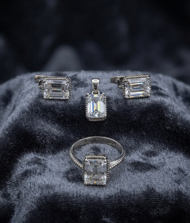 Set argint 925 - Set din Argint 925 „Imperial Emerald Cut” - Inel, Cercei și Pandantiv cu Zirconiu