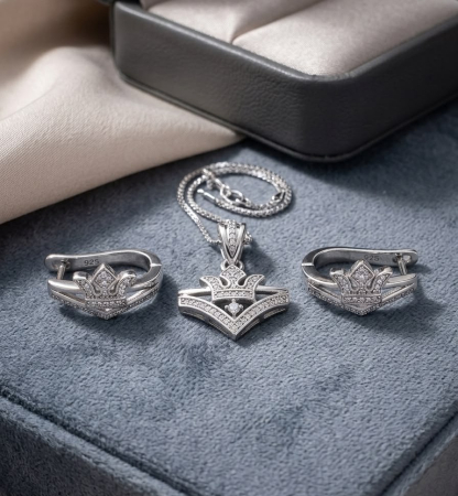 Set argint 925 - Set din Argint 925 „Imperial Tiara” – Colier și Cercei Drop cu Zirconii Pavate, 10g