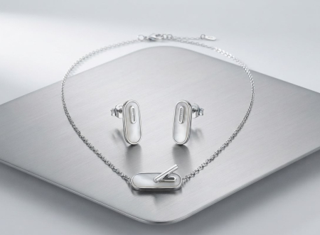 Set argint 925 - Set din Argint 925 „Minimalist Elipse” – Colier și Cercei cu Inserție Sidef și Accent Geometric, 5.26g