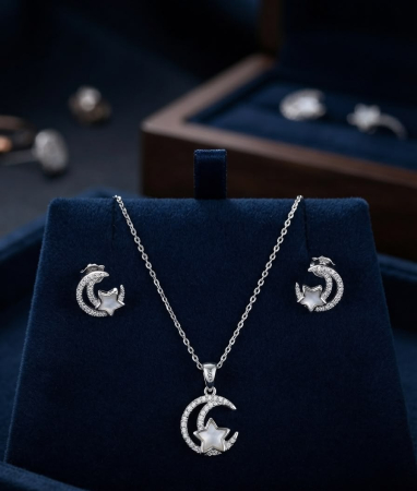 Set argint 925 - Set din Argint 925 „Moon & Star” - Colier și Cercei cu Sidef și Zirconiu