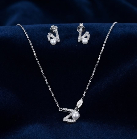 Set argint 925 - Set din Argint 925 „Pearl Initial N” - Colier și Cercei cu Zirconiu și Perlă