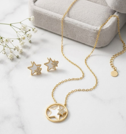 Set argint 925 - Set din Argint 925 Placat cu Aur „Celestial Star” – Colier și Cercei cu Steluțe și Zirconii, 4.1g