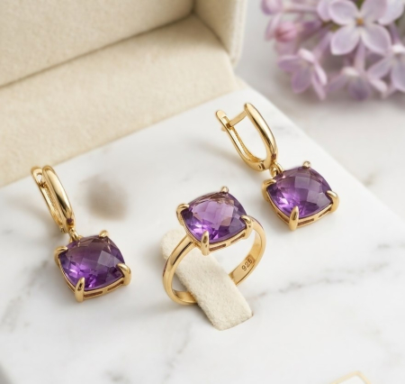 Set argint 925 - Set din Argint 925 Placat cu Aur „Royal Amethyst” – Inel și Cercei cu Cristale Violet Tăietură Pernă, 6.1g