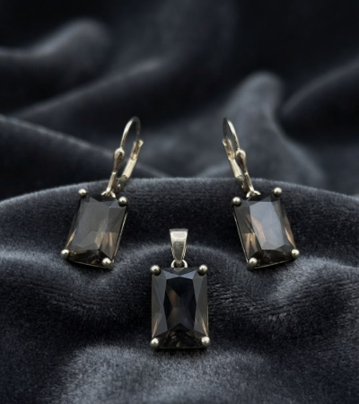 Set argint 925 - Set din Argint 925 „Smoky Quartz Elegance” - Cercei și Pandantiv cu Zirconiu Maro-Fumiu