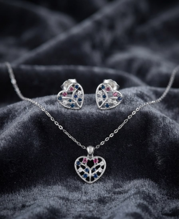 Set argint 925 - Set din Argint 925 „Spring Heart Garden” - Colier și Cercei Inimă cu Cristale Multicolore