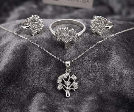 Set argint 925 - Set din Argint 925 „Tree of Love” - Colier, Cercei și Inel cu Copacul Vieții și Zirconiu