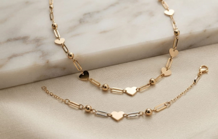 bratari aur 14k - Set din Aur Galben și Alb 14K (Colier și Brățară) – Armonie, Inimi și Eleganță Texturată