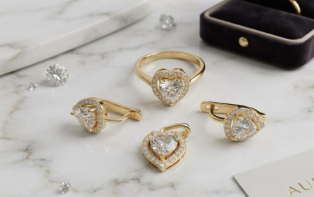 Set aur 14k - Set Elegant din Aur Galben 14K – Design Inimă cu Pavaj de Cristale (7,77 gr)