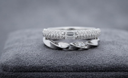 inele cu diamant - Set Inele din Aur Alb de 14K cu Diamante Naturale 0.28ct (Tăietură Baghetă și Pavé)