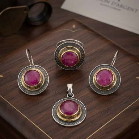 Set argint 925 - Set Vintage din Argint 925 Brunat cu Inel, Colier și Cercei, Medalioane Rotunde cu Pietre Roz-Rubin și Accente Aurii, 18g